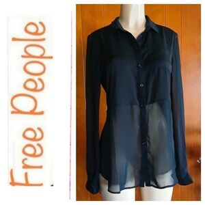 Free People Black Sheer Button-Front Blouse
